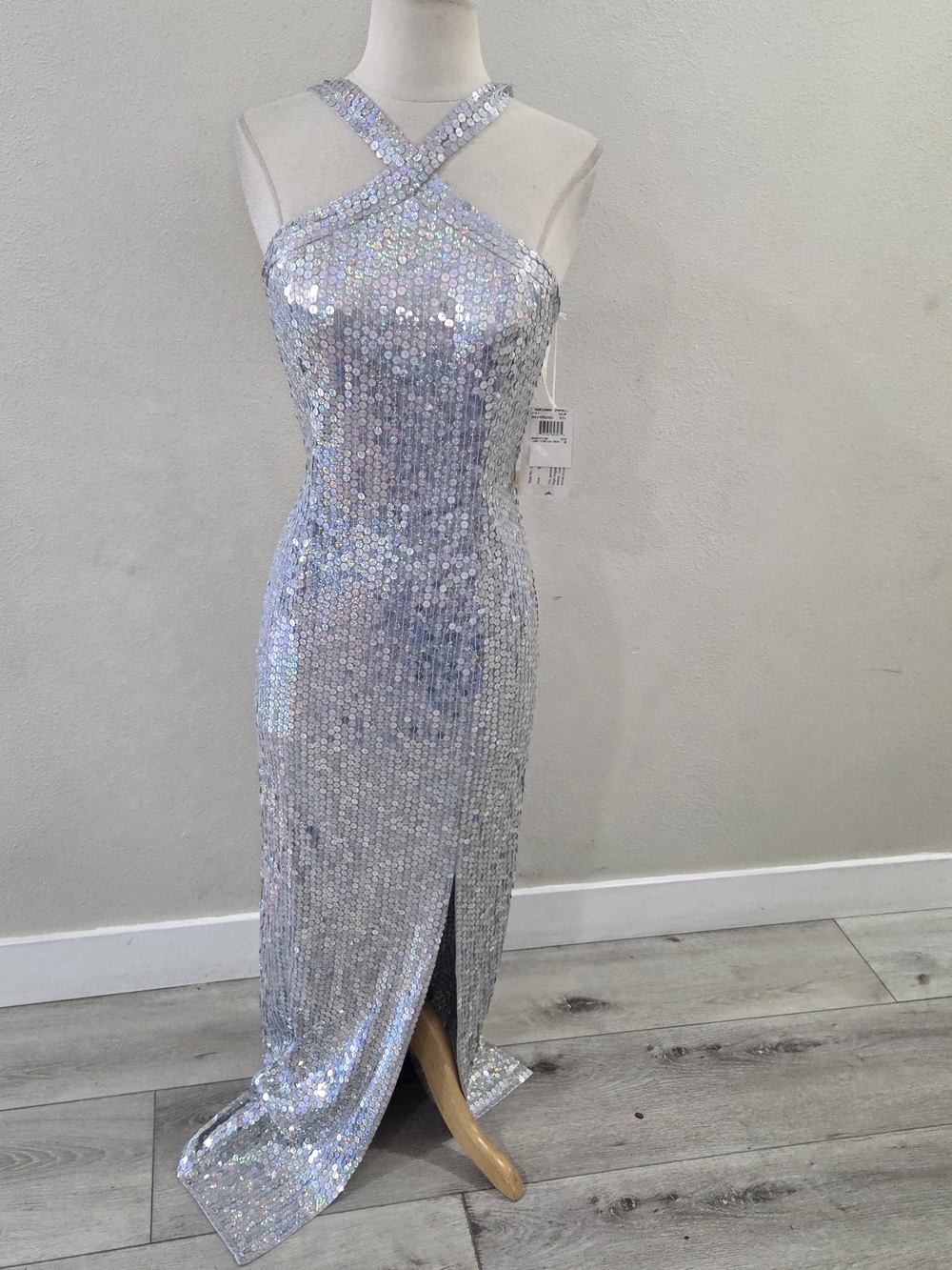 Adrianna Papell Iridescent Sequin Crisscross Maxi Gown - Silver